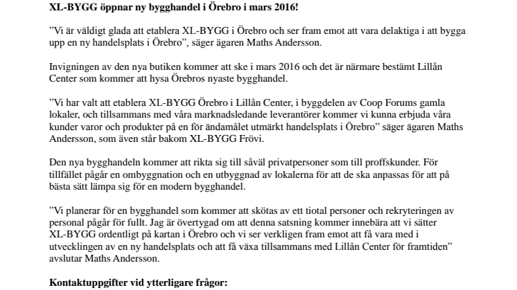 XL-BYGG öppnar ny bygghandel i Örebro 4 april 2016