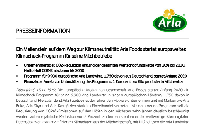 Ein Meilenstein auf dem Weg zur Klimaneutralität: Arla Foods startet europaweites Klimacheck-Programm für seine Milchbetriebe