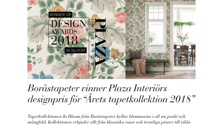 Boråstapeter vinner Plaza Interiörs designpris för “Årets tapetkollektion 2018”