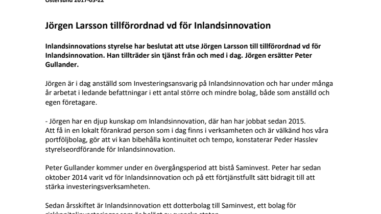 Jörgen Larsson tillförordnad vd för Inlandsinnovation