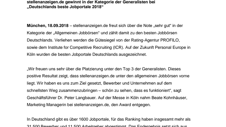 stellenanzeigen.de gehört zu den besten Jobportalen Deutschlands