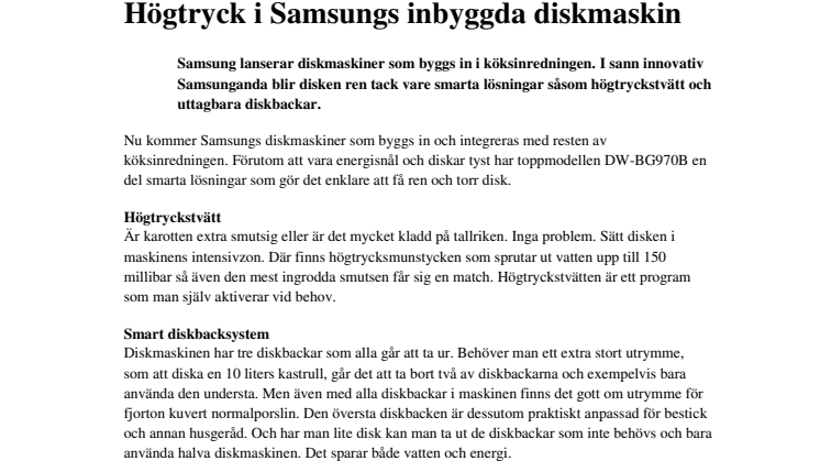 Smart och flexibel: Högtryck i Samsungs inbyggda diskmaskin