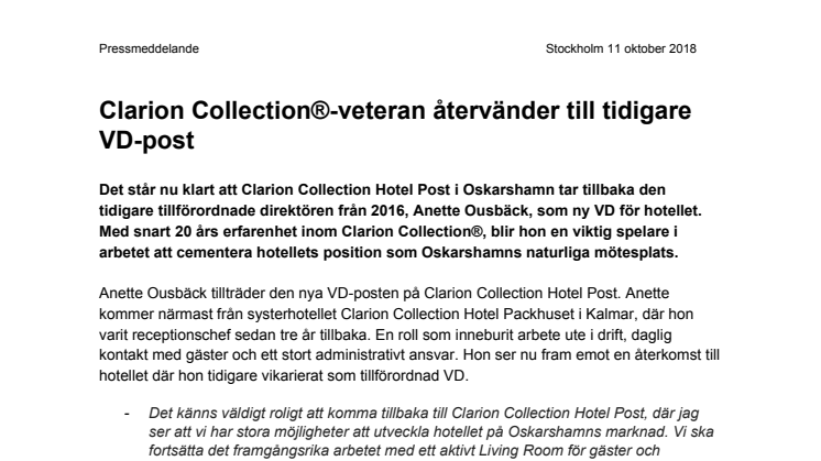 Clarion Collection®-veteran återvänder till tidigare VD-post