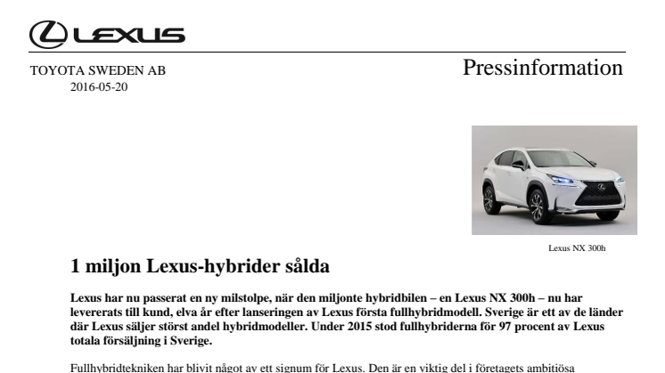 1 miljon Lexus-hybrider sålda