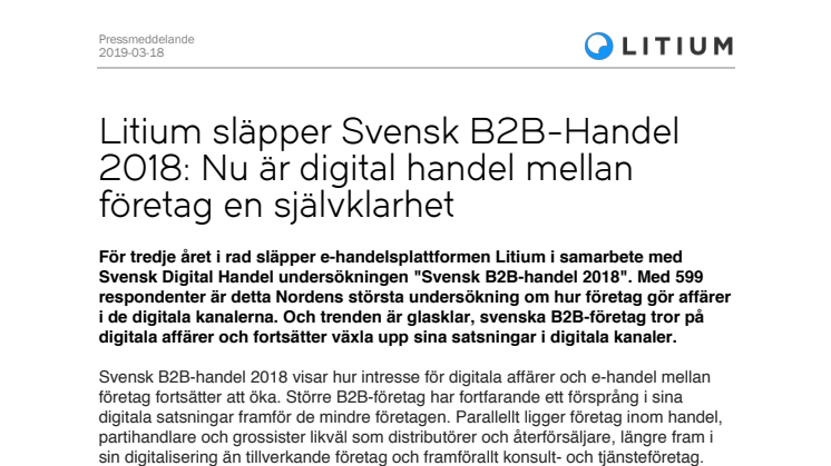 Litium släpper Svensk B2B-Handel 2018: Nu är digital handel mellan företag en självklarhet 