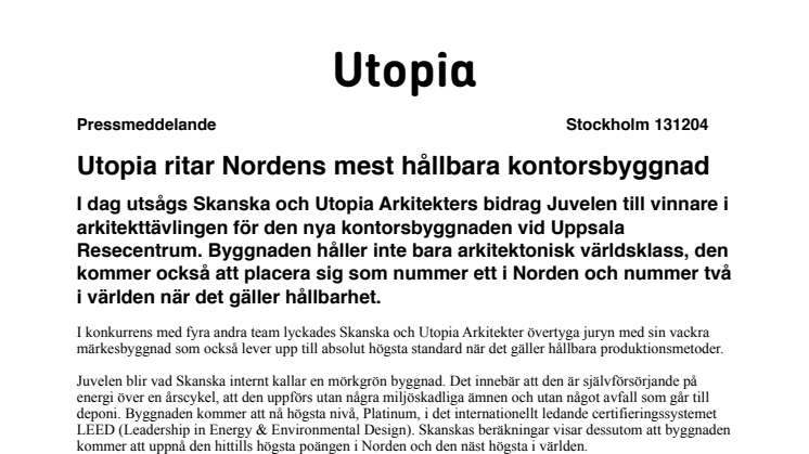 Utopia ritar Nordens mest hållbara kontorsbyggnad