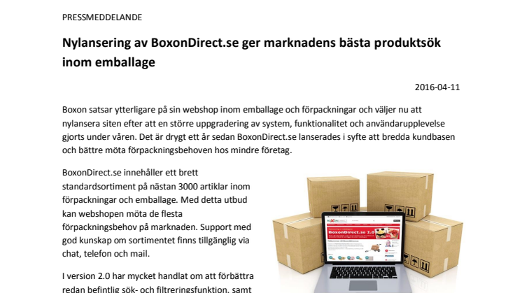 Nylansering av BoxonDirect.se ger marknadens bästa produktsök inom emballage