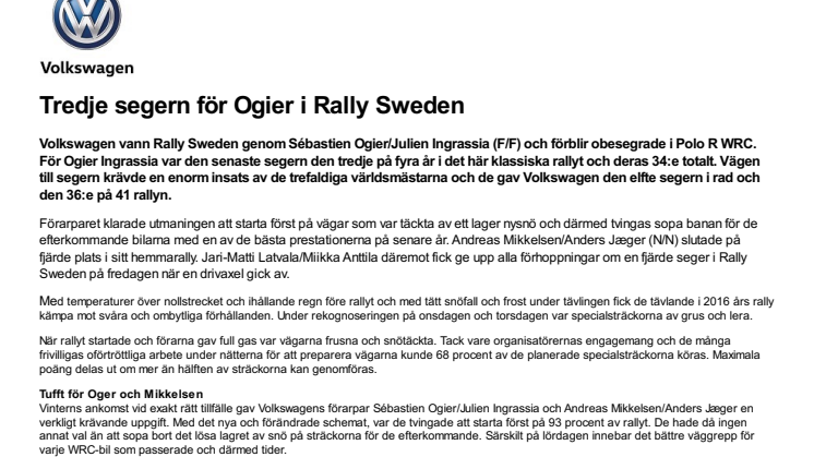 Tredje segern för Ogier i Rally Sweden