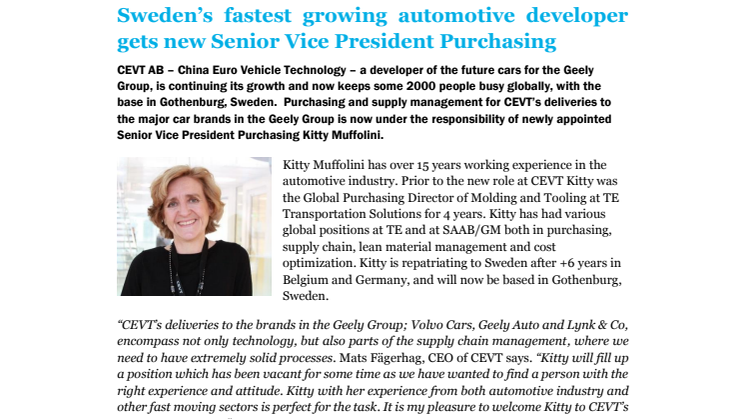 Sweden’s fastest growing automotive developer gets new Senior Vice President Purchasing