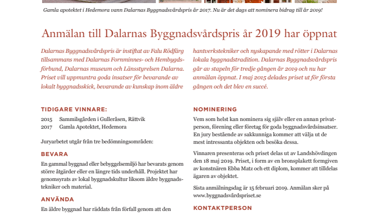 Anmälan till Dalarnas Byggnadsvårdspris år 2019 har öppnat!