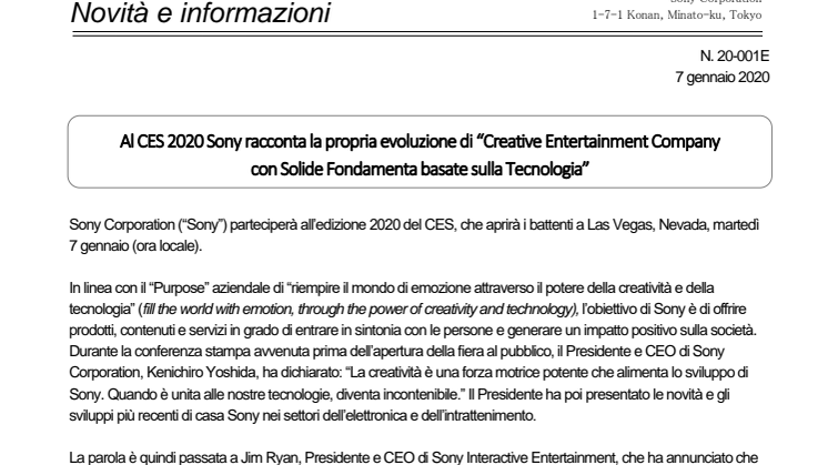 Al CES 2020 Sony racconta la propria evoluzione di “Creative Entertainment Company  con Solide Fondamenta basate sulla Tecnologia” 