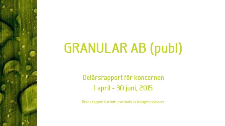 Granular AB (publ): Delårsrapport för koncernen 1 april-30 juni, 2015