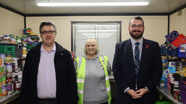 Trinity Foodbank organiser Tina Harrison meets councillors Richard Gold and Eamonn O’Brien.