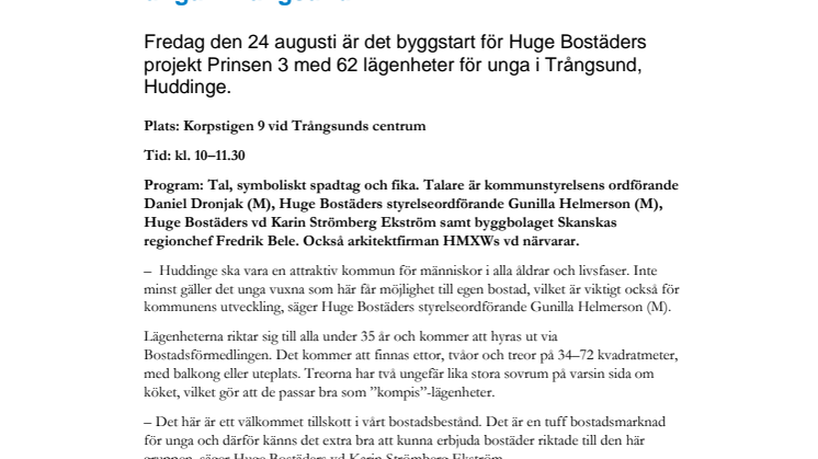 Inbjudan till byggstart av 62 lägenheter för unga i Trångsund