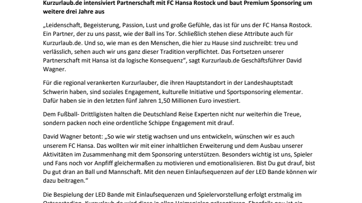 Kurzurlaub.de intensiviert Partnerschaft mit FC Hansa Rostock und baut Premium Sponsoring um weitere drei Jahre aus