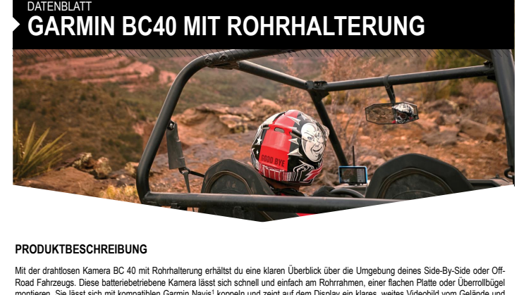 Datenblatt Garmin BC40 mit Rohrhalterung