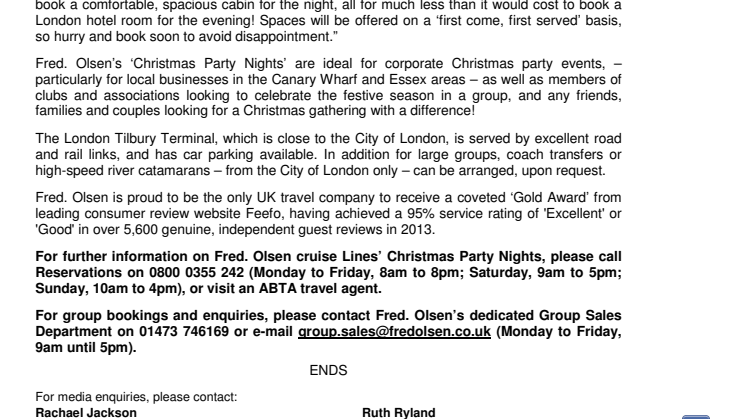 Celebrate your Christmas party aboard Fred. Olsen Cruise Lines’ Black Watch in Tilbury, London this year! 