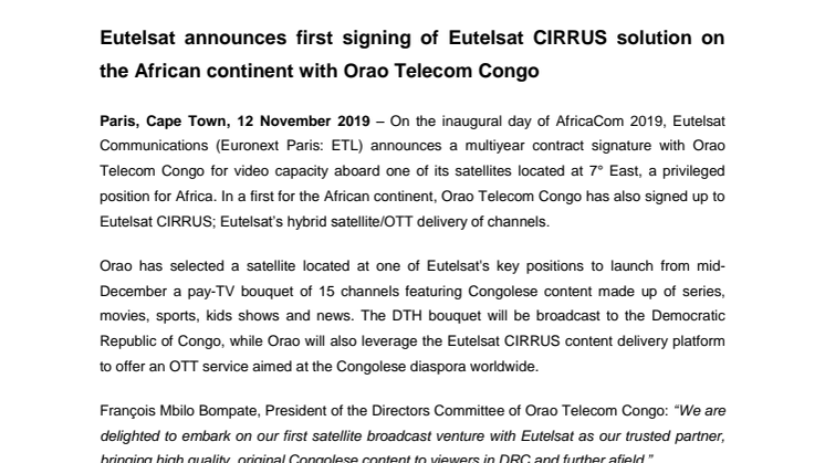 Eutelsat announces first signing of Eutelsat CIRRUS solution on the African continent with Orao Telecom Congo 