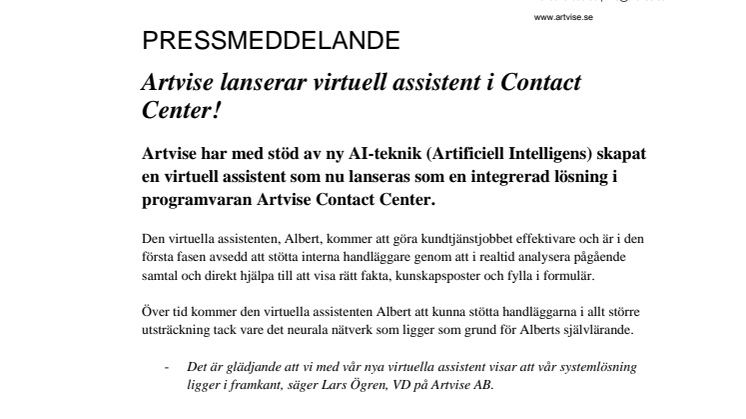 Artvise lanserar virtuell assistent i Contact Center!