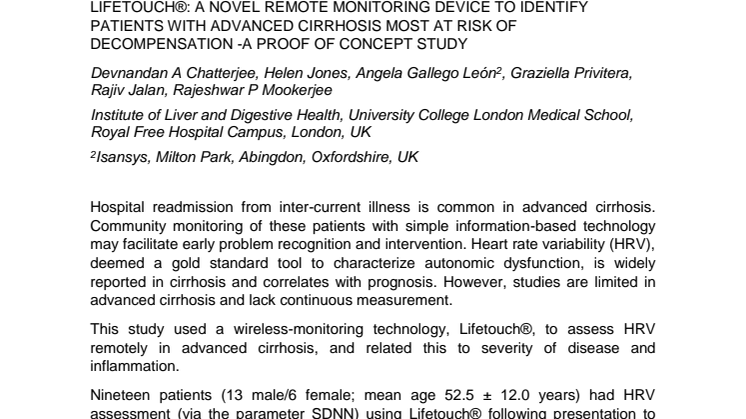 LIFETOUCH®: A novel remote monitoring device to identify patients with advanced cirrhosis most at risk of decompensation - a proof of concept study