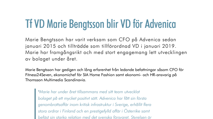 Tf VD Marie Bengtsson blir VD för Advenica