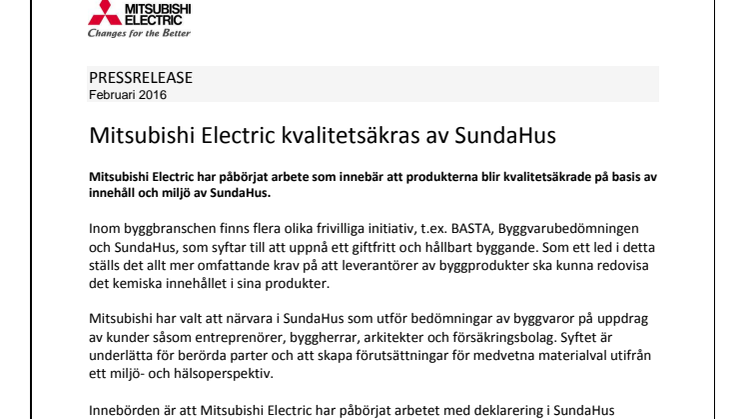 Mitsubishi Electric kvalitetsäkras av SundaHus