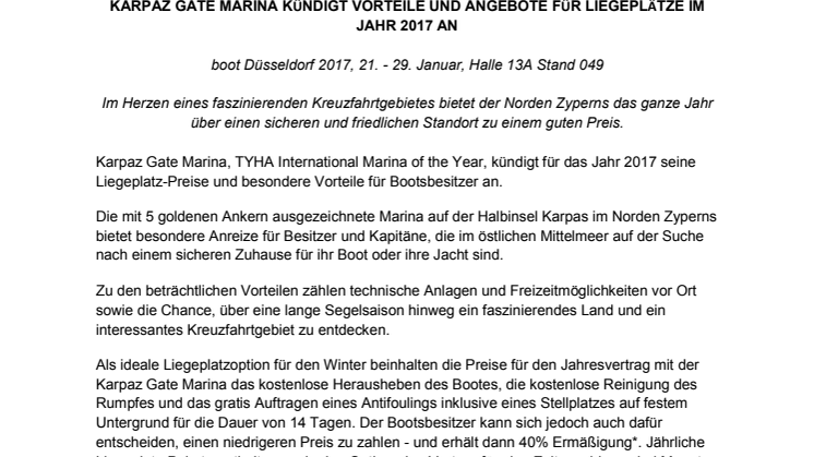 boot Düsseldorf - Karpaz Gate Marina: Karpaz Gate Marina Kündigt Vorteile Und Angebote Für Liegeplätze Im Jahr 2017 An