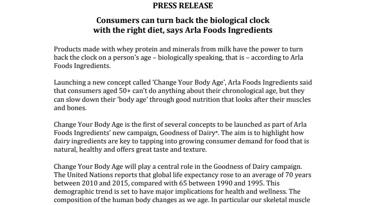 Consumers can turn back the biological clock with the right diet, says Arla Foods Ingredients