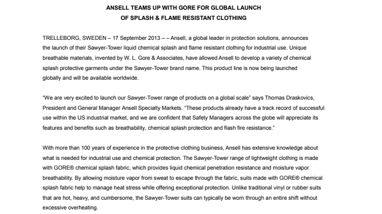 Ansell Teams Up With Gore for Global Launch of Splash & Flame Resistant Clothing