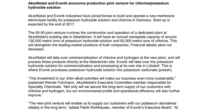 AkzoNobel and Evonik announce production joint venture for chlorine/potassium hydroxide solution