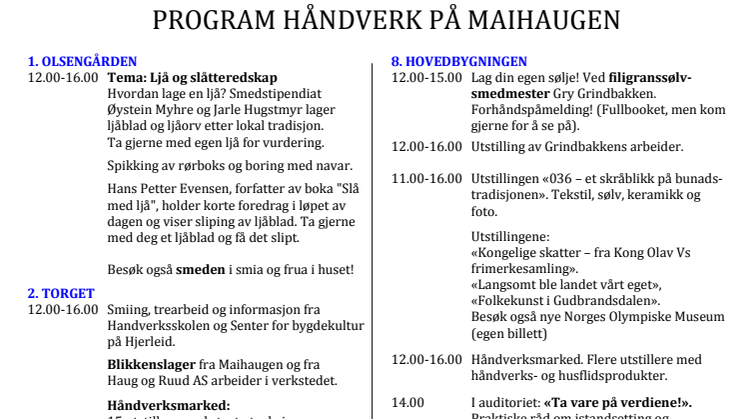 Program for Håndverk på Maihaugen 2016
