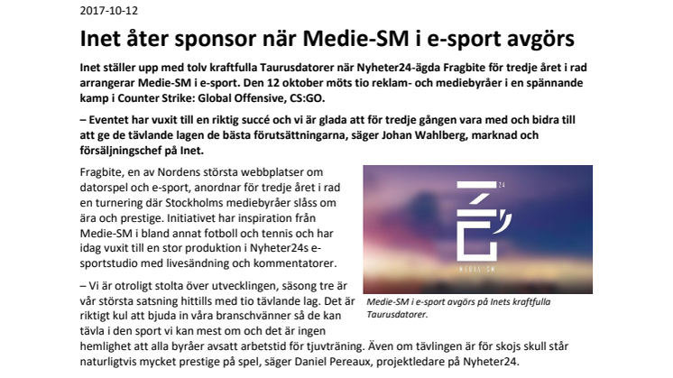 Inet åter sponsor när Medie-SM i e-sport avgörs
