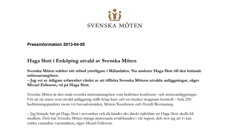 Haga Slott i Enköping utvald av Svenska Möten