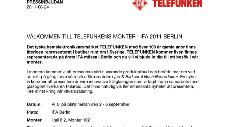 PRESSINBJUDAN - Välkommen till TELEFUNKENS monter under IFA-mässan i Berlin
