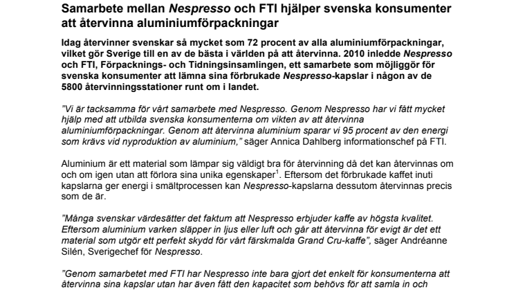 Samarbete mellan Nespresso och FTI hjälper svenska konsumenter att återvinna aluminiumförpackningar