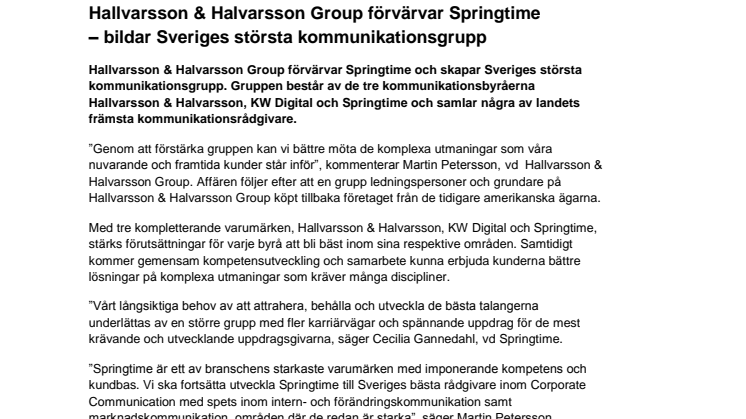 Hallvarsson & Halvarsson förvärvar Springtime - bildar Sveriges största kommunikationsgrupp