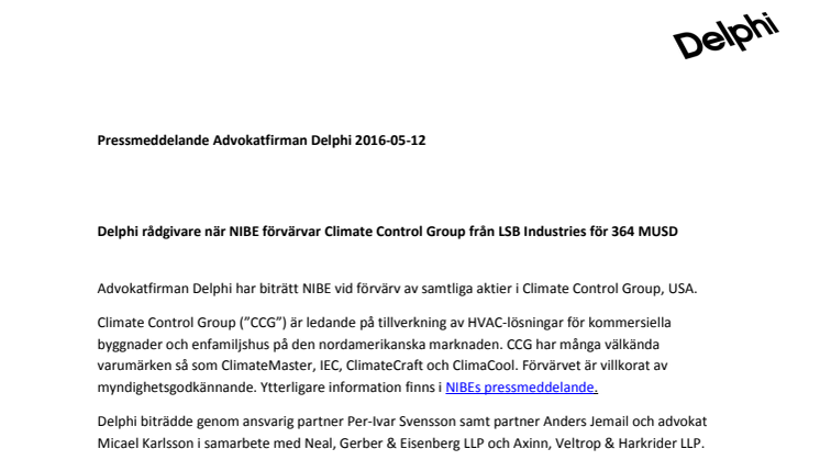 Delphi rådgivare när NIBE förvärvar Climate Control Group från LSB Industries för 364 MUSD