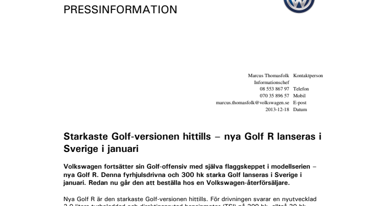 Starkaste Golf-versionen hittills – nya Golf R lanseras i Sverige i januari