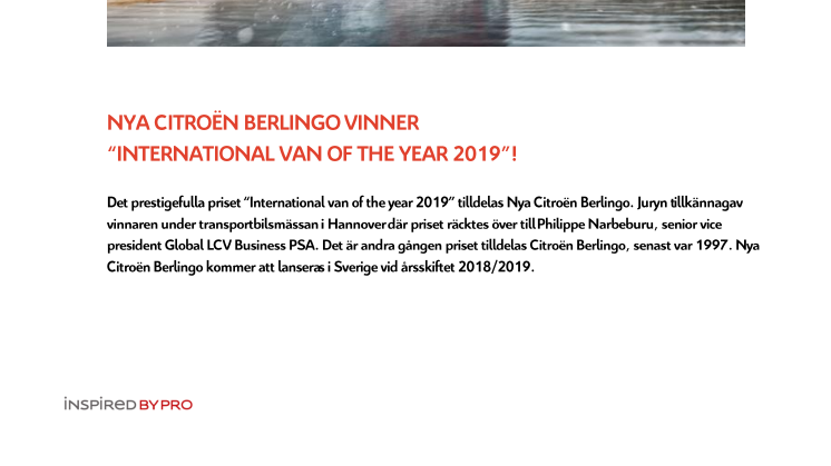 NYA CITROËN BERLINGO VINNER  “INTERNATIONAL VAN OF THE YEAR 2019”!