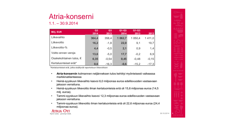 Atria Oyj:n osavuosikatsaus 1.1.-30.9.2014