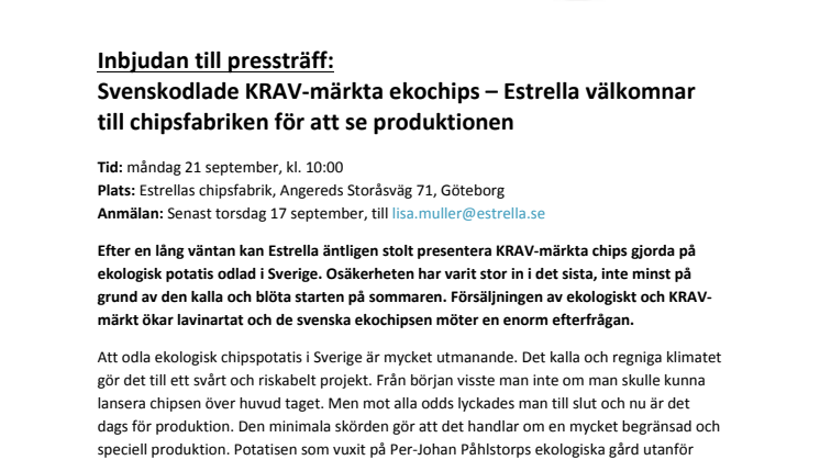 Inbjudan till pressträff:  Svenskodlade KRAV-märkta ekochips – Estrella välkomnar till chipsfabriken för att se produktionen