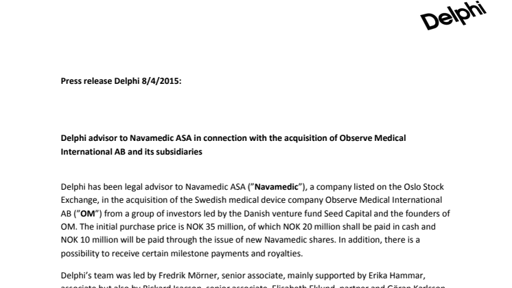 Delphi advisor to Navamedic ASA in connection with the acquisition of Observe Medical International AB and its subsidiaries