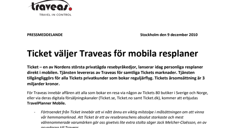 Ticket väljer Traveas för mobila resplaner   