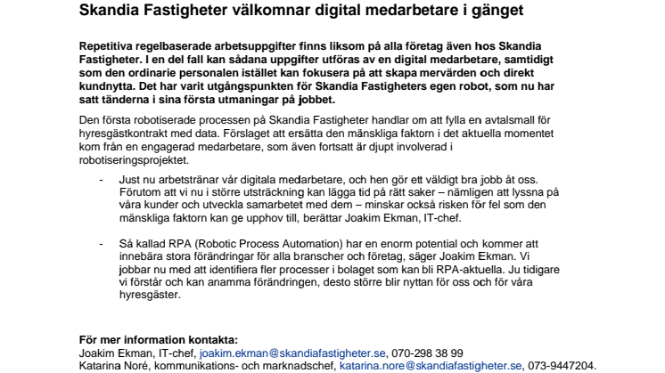 Skandia Fastigheter välkomnar digital medarbetare i gänget