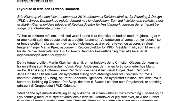 Styrkelse af ledelsen i Sweco Danmark