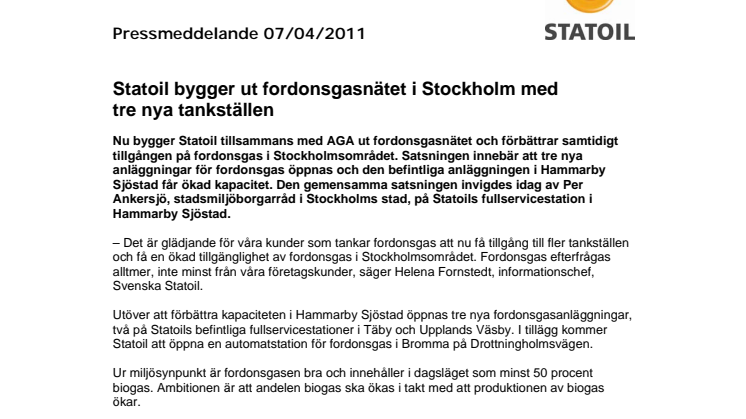 Statoil bygger ut fordonsgasnätet i Stockholm med tre nya tankställen