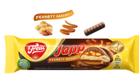 NYHET fra Freia februrar 2019,  Japp PEANØTT KARAMELL BAR 37G