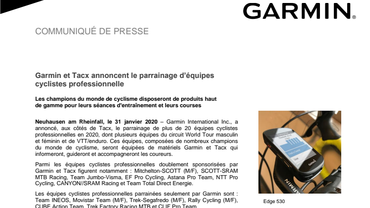 Garmin et Tacx annoncent le parrainage d’équipes cyclistes professionnelle