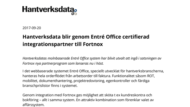 Hantverksdata blir genom Entré Office certifierad integrationspartner till Fortnox