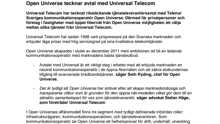 Open Universe tecknar avtal med Universal Telecom